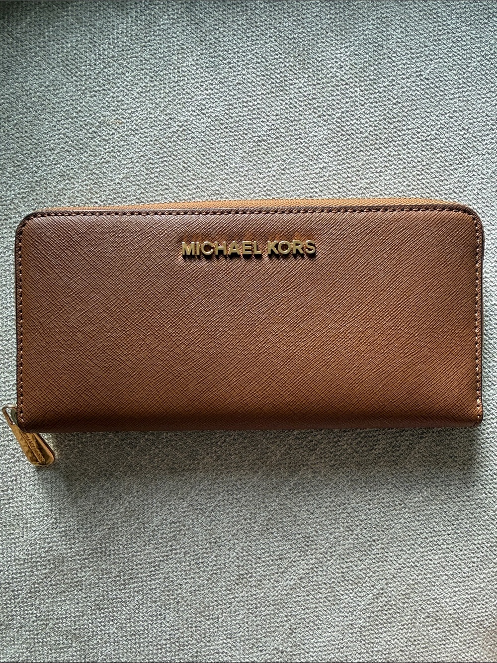 Michael Kors Cognac Saffiano Zip-Around Wallet with Gold Logo